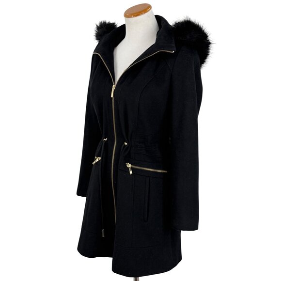 Laundry By Shelli Segal Black Wool Faux Fur Trim Hooded Coat | Cozy Quiet Luxury - Picture 5 of 16
